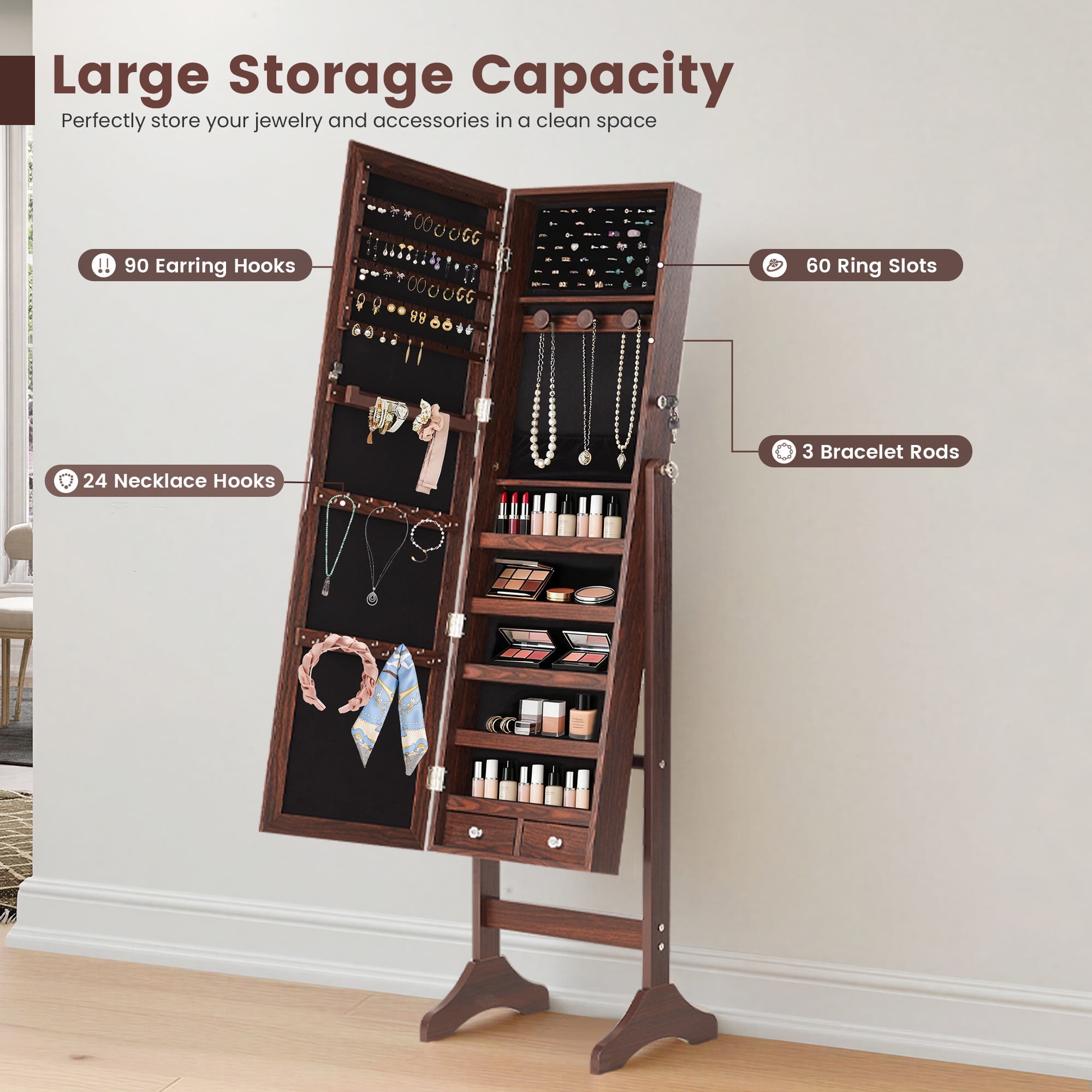 EDX Freestanding Full-Length Mirror Jewelry Cabinet, 3 Angle Adjustable Large Jewelry Armoire Organizer with Makeup Storage, Brown