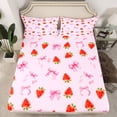 thumbnail image 2 of Homewish Kids Red Strawberry Twin Sheet Sets, Girly Pink Bow-tie Twin Fitted Sheet, Cartoon Yummy Fruit Flat Sheet, Luxury Bedroom Decor, 3-Piece, 2 of 7