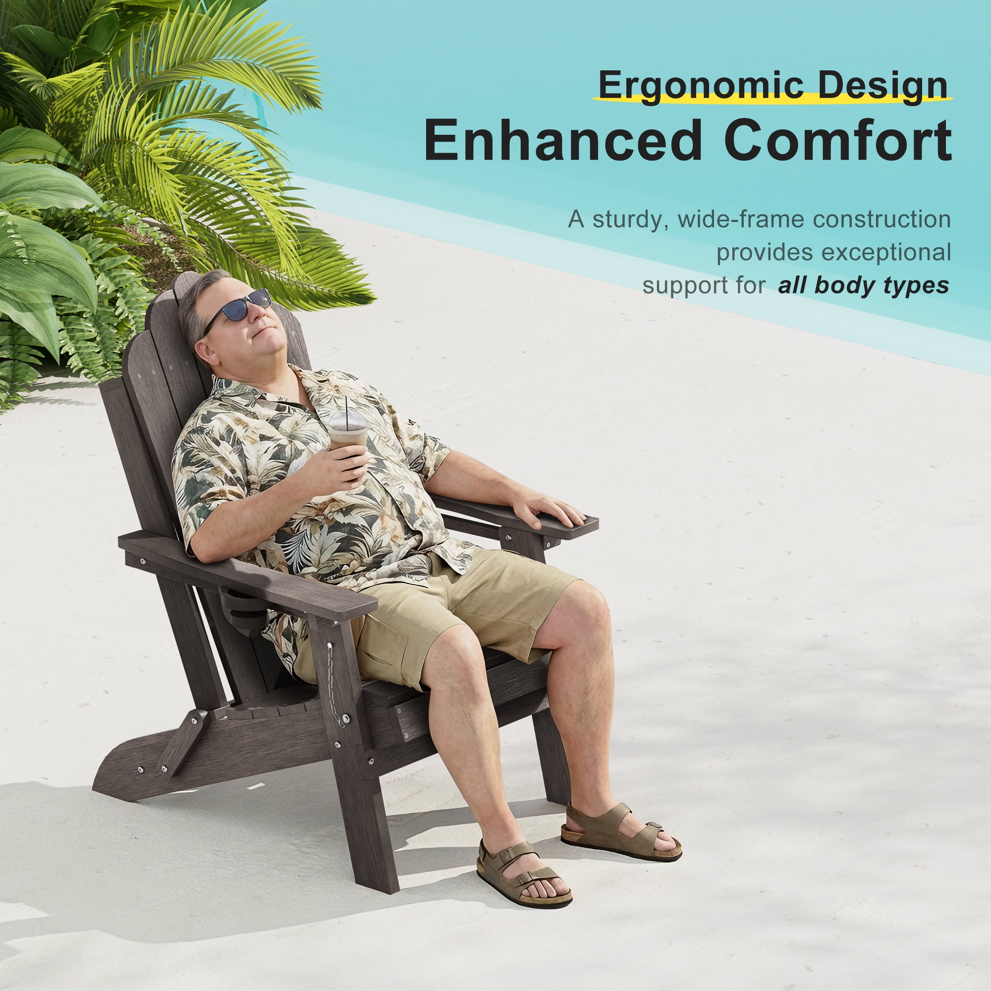ACEGOSES Foldable Outdoor Adirondack Chair with Cup Holder,Weather Resistant HDPE Plastic for Patio, Fire Pit, Deck, Brown
