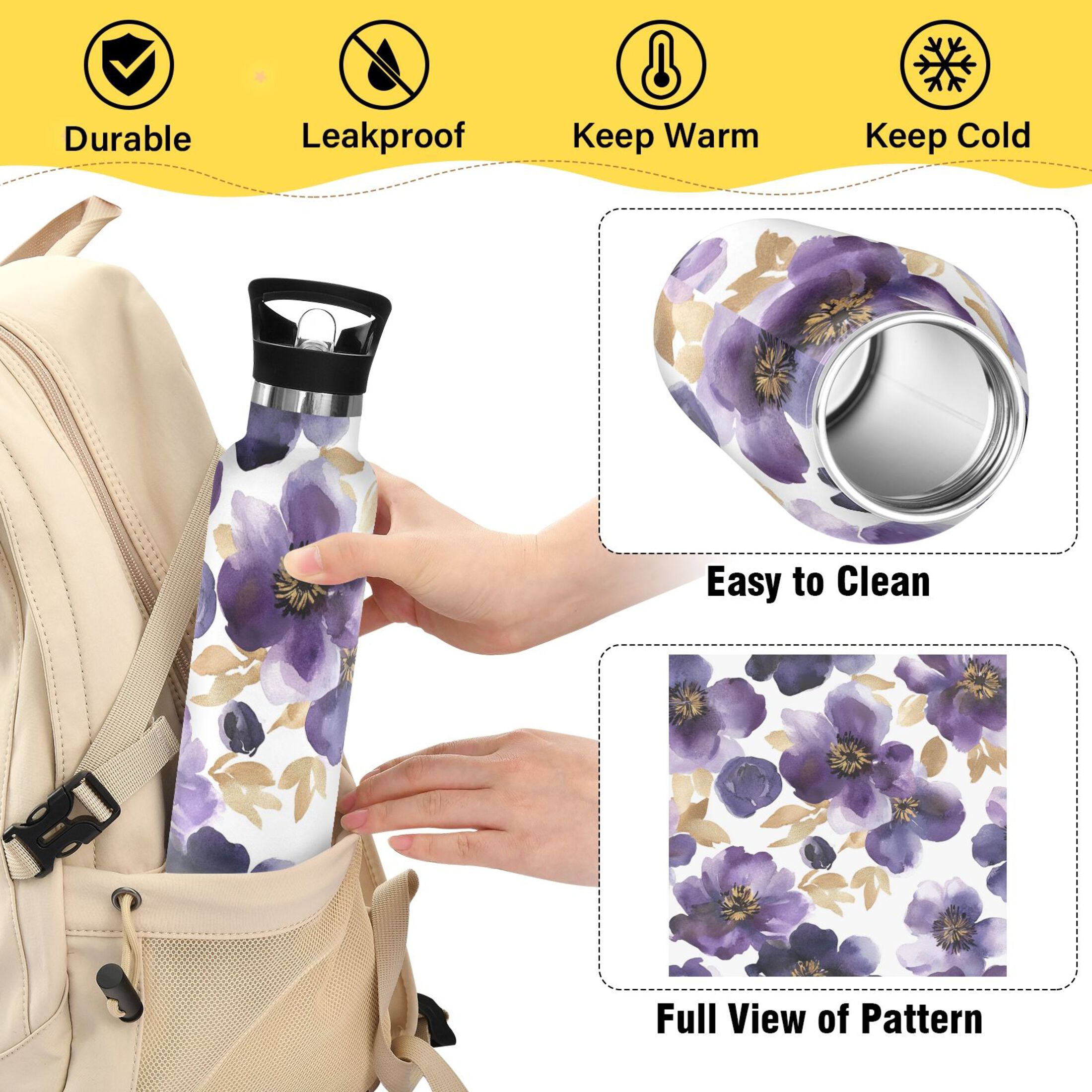 600ML Stainless Steel Insulated Cup Sports Water Bottle Portable Thermos Cup Water Glasses Insulated Tumblers Convenient and Durable Purple Flower Pattern