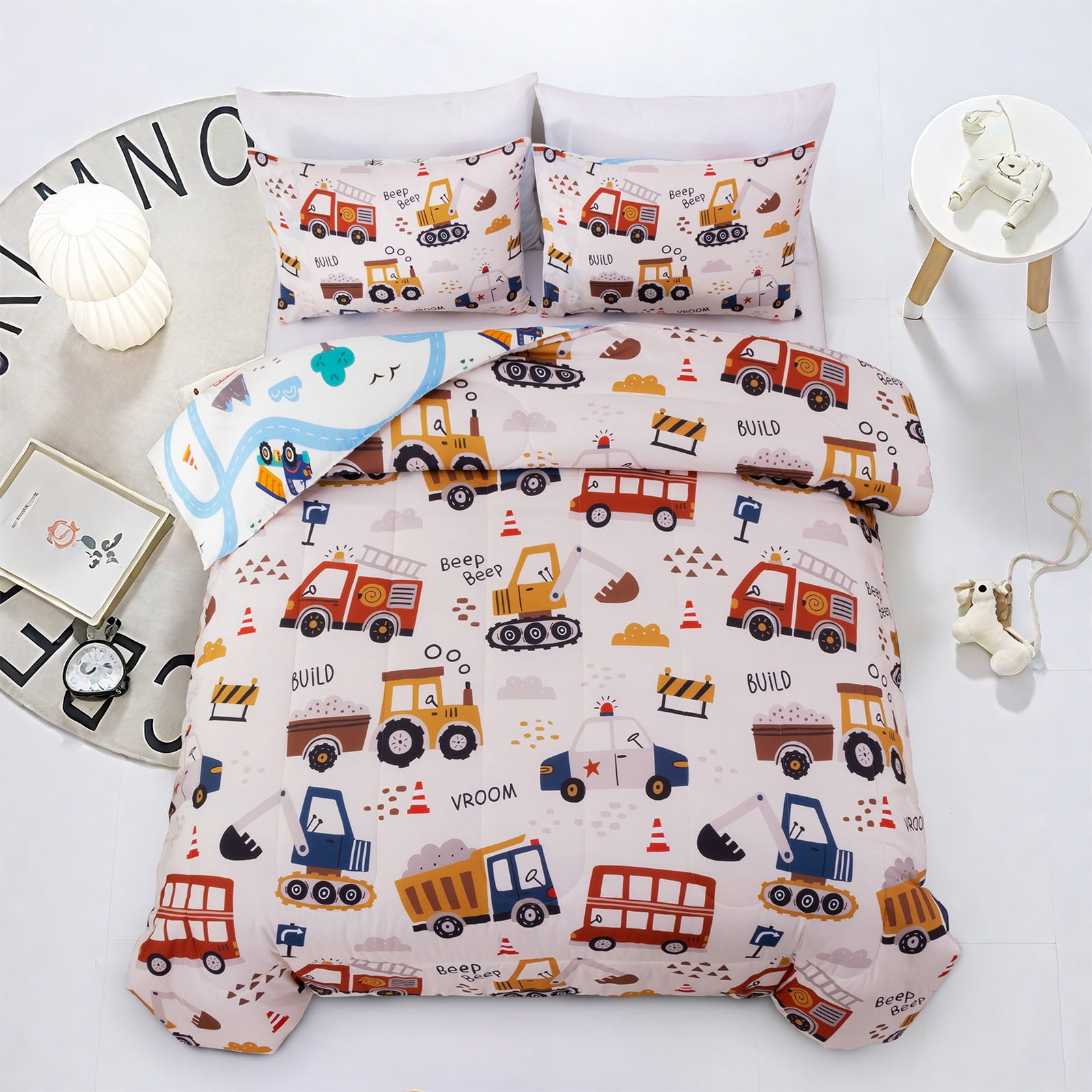 Btargot 3 Piece Bus Truck Twin Comforter Set for Boys Kids Vehicles Excavator Police Car Bedding Set