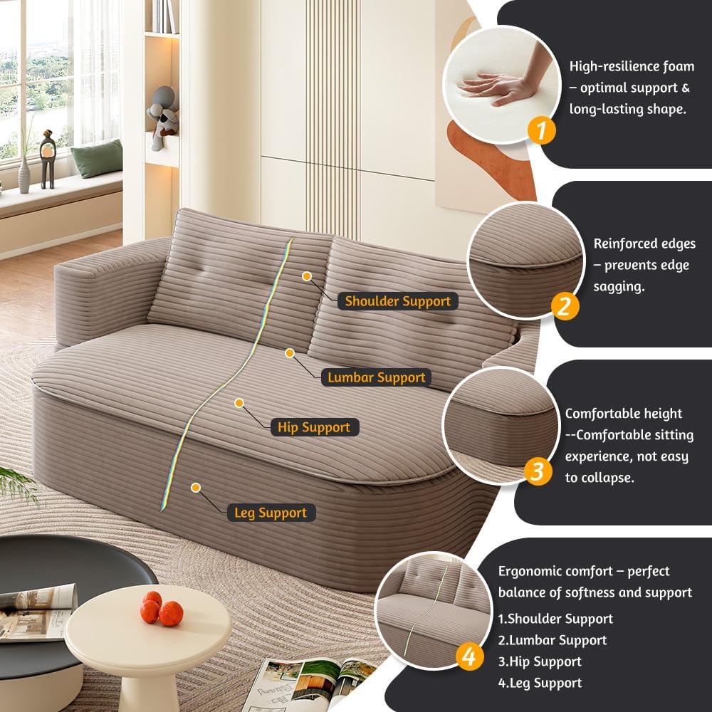 NeoKo 78" Full Size Floor Sofa, Folding Queen Sleeper Couch, Futon Loveseat Sofa, Corduroy Boneless Loveseat Couch, Fold Mattress Bed for Living Room, Guest Use, Office, Apartment, Coffee