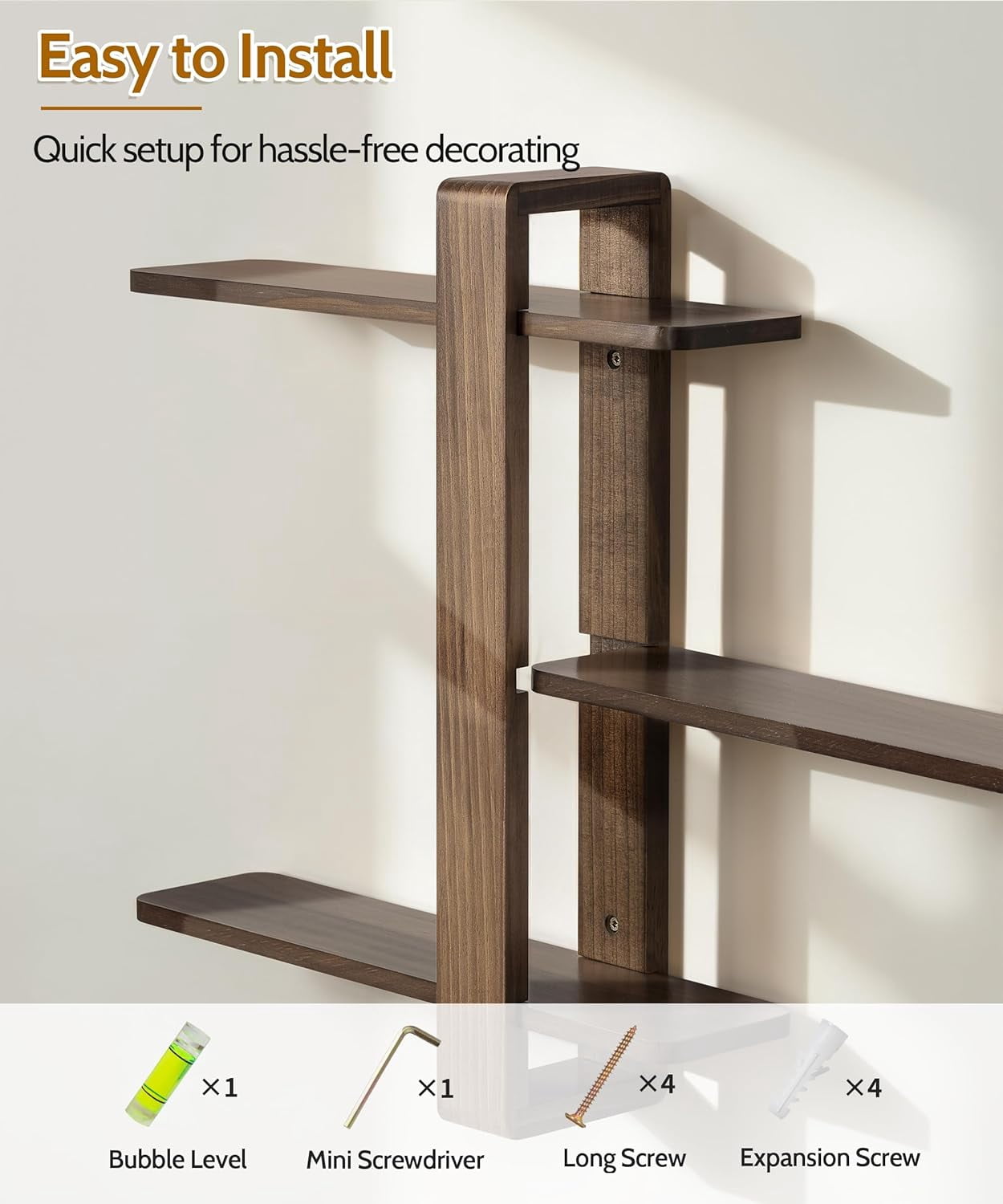 Gronda Walnut Floating Shelves for Living Room Bathroom Bedroom, Mid Century Modern Wood Wall Shelves, 3 Tier Adjustable Plant Wall Shelf, 20 Inch