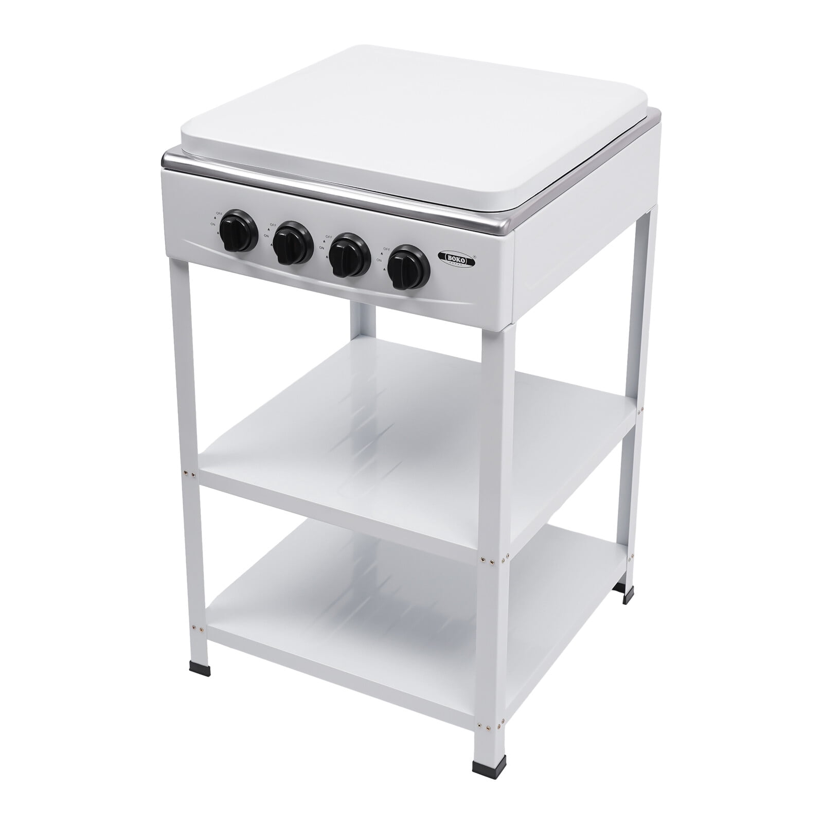 4 Burner Gas Stove Natural Gas – Portable Camping Stove with 4 Independent Burners, 19.8lbs Freestanding Cooker with Wind Guard & Double Storage Shelves, White Gas Hob for Home RV Outdoor Kitchen