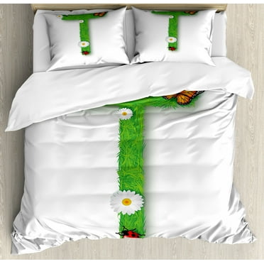 Letter T Queen Size Duvet Cover Set, Caps T with Flourishing Fragrance Botanical Design and Ladybug Girls Room, Decorative 3 Piece Bedding Set with 2 Pillow Shams, Green Multicolor, by Ambesonne