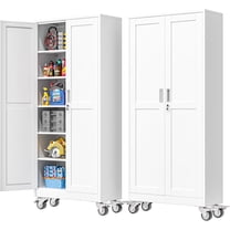 75''H Metal Garage Storage Cabinet with Wheels,Steel File Cabinets with 2 Doors and 5 Adjustable Shelves for Home Office, Warehouse, Required Assembly,White