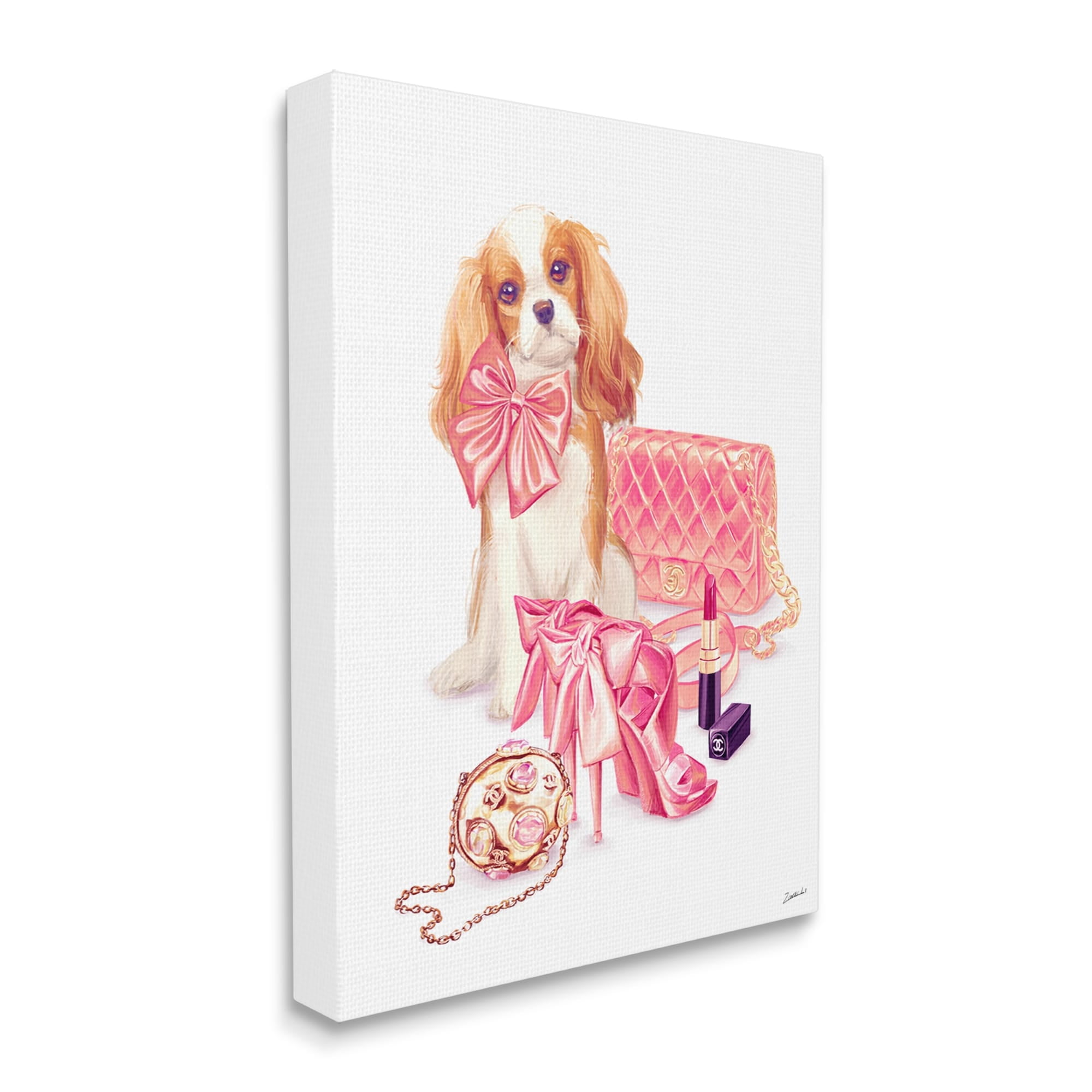 Stupell Industries Upscale Dog Pink Bow Fashion Accessories Makeup Canvas Wall Art, 30 x 40, Design by Ziwei Li