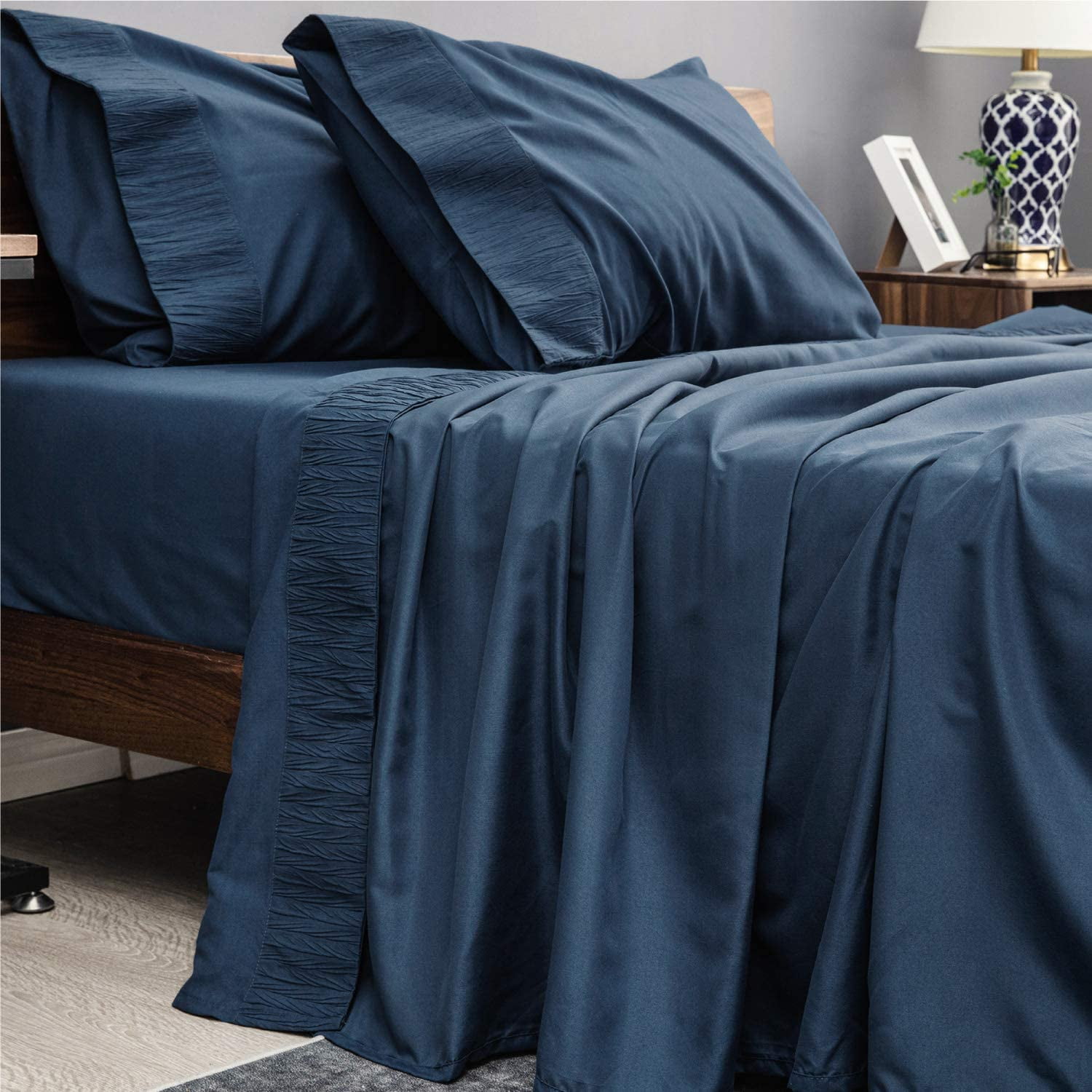 Ruffled Embossed Navy Blue Bed Sheets 