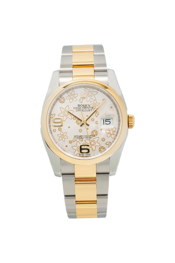 Pre-Owned Rolex Datejust 36MM 116203 Silver Floral Arabic Dial Smooth Bezel Two Tone Yellow Gold Oyster Bracelet