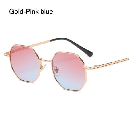 Retro Fashion Small Frame Shades Sunglasses for Men/Women Polygon Sun Glasses Square Sunglasses Metal Sunglasses GOLD-PINK BLUE