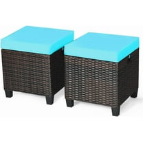 DORTALA 2 Piece Patio Wicker Ottomans, 2 in 1 Outdoor PE Rattan Side Table & Footstool Foot Rest with Cushions for Couch, Chair, Turquoise