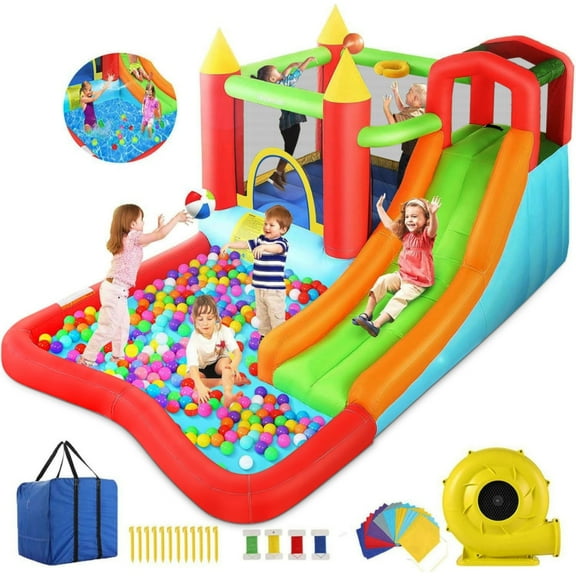 Qhomic Bounce House with Blower Indoor/Outdoor Bouncy House Slides, Climbing Wall, Ball Pit, Jumping Area, Shoot All in One Inflatable Bounce Castle for Kids 3-10