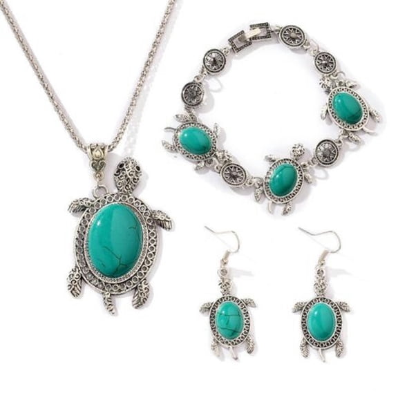 QQTDFG Women Boho 925 Silver Turtle Turquoise Earrings Bracelet Necklace Jewelry Set-#1