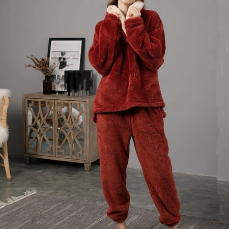 

Women 2 Piece Warm Fleece Pajamas Set Soft Sleepwear Long Sleeve Crewneck Pullover Shirt with Pocket Pants Winter Homewear