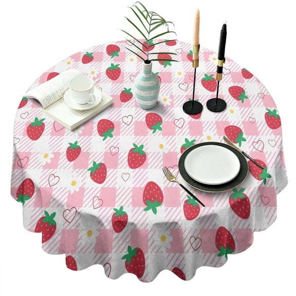 Strawberry Plants Fruit Heart Daisy Checkered Round Tablecloth 60"x60",Wrinkle Wipeable Table Cloth for Kitchen Dining Room Picnic Patio Party