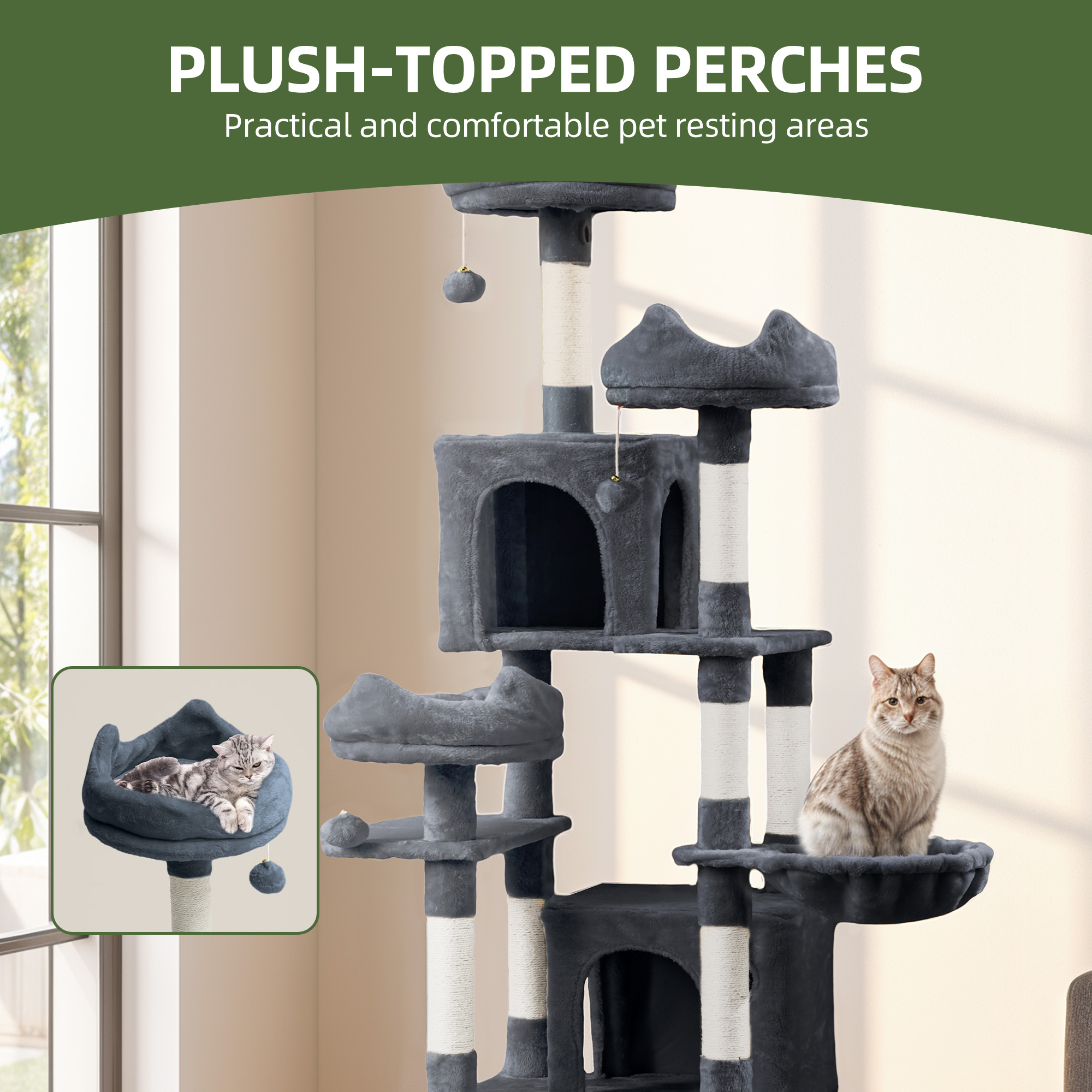 Uforic 75" Tall Cat Tree, Multi-Level Cat Tower with Condos, Hammocks, Scratching Posts, Dark Gray