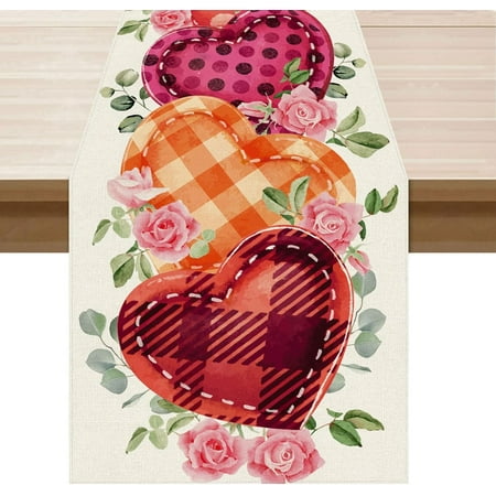 

Romantic Valentines Day Plaid Love Hearts Pink Roses Eucalyptus Leaves Cloth Table Runner Burlap Table Decoration for Home Kitchen Dining Dinner Indoor Holiday Farmhouse Decor 13.8x108 Inch