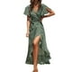 thumbnail image 1 of Gibobby Vestidos de fiesta elegantes Mujer 2023 Primavera/Verano Nuevo Sexy Cuello en V Irregular Cintura alta con cordones Vestido estampado de manga voladora(Verde,G), 1 of 3