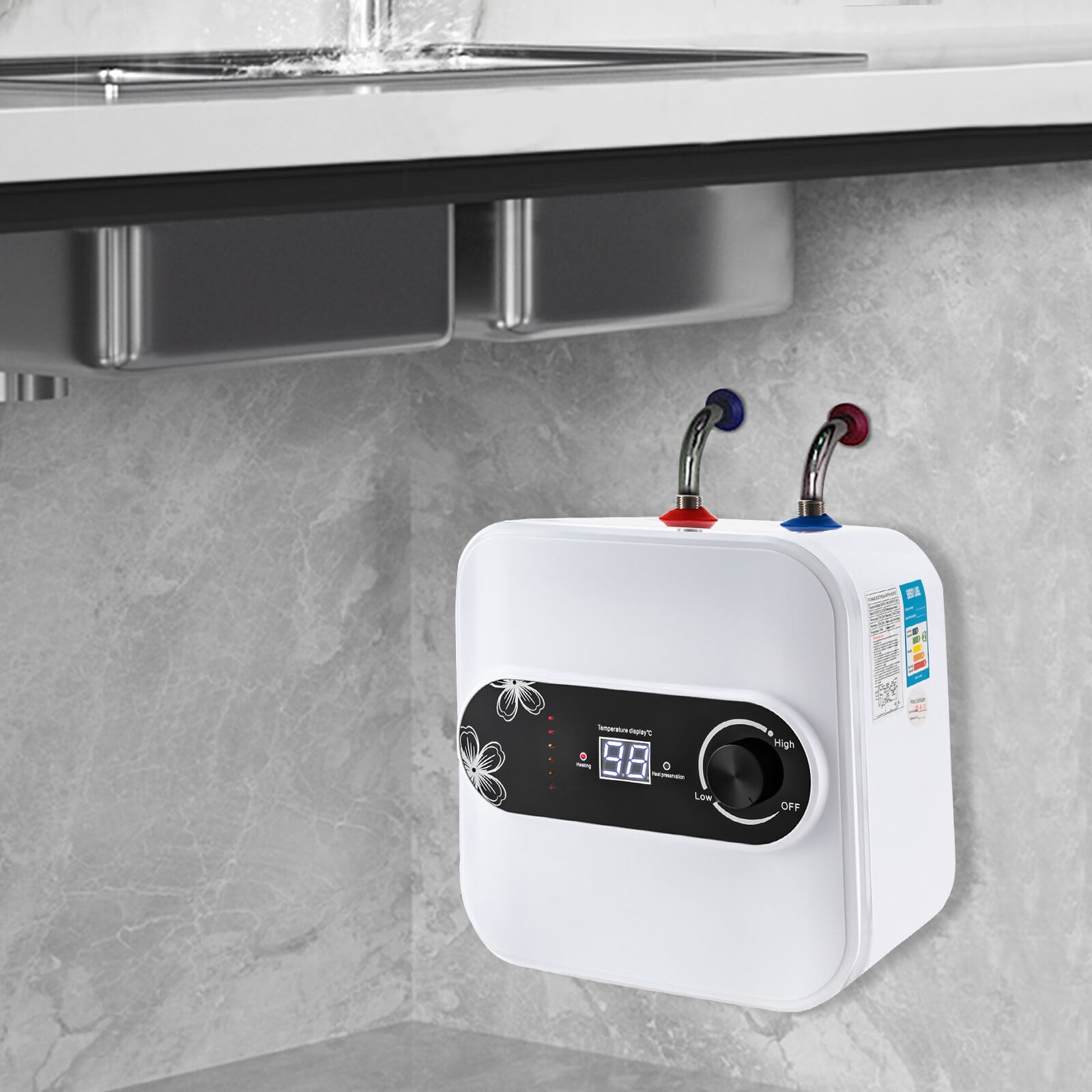 Aiqidi 1500W 110V LCD Electric Water Heater 8L Vertical Mini-Tank Instant Hot Water Boiler White for RV Kitchen Bathroom Under Sink Counter Cupboard IPX4 30-65°C