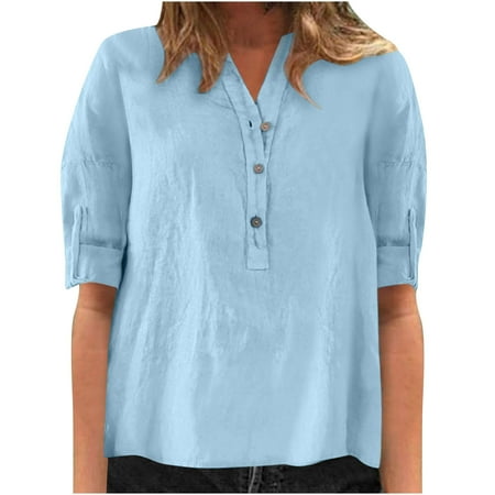 

Women s Casual Loose Roll-Up Sleeve Blouse Cotton Linen V-Neck Solid Summer Henley Shirt Tops
