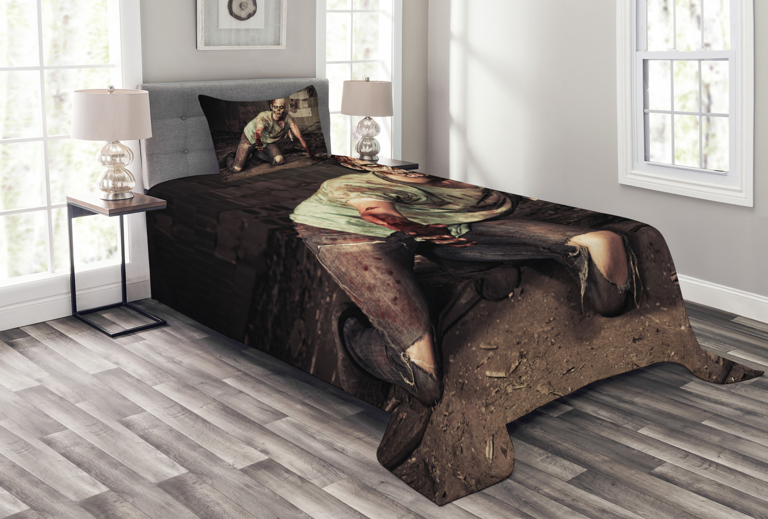 Zombie Bedspread Set, Halloween Scary Dead Man in the Old Building with