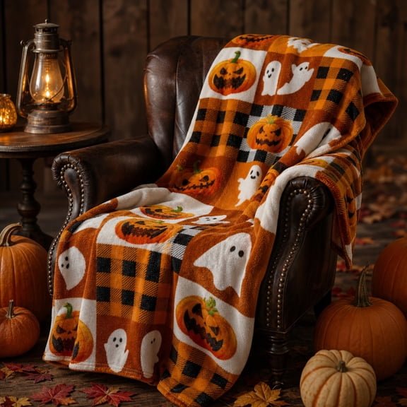 Halloween Flannel Throw Blanket, Festive Printed Sofa Cover, Warm Bed Decor for Living Room Holiday, 50"x60" Plush Throw, Spooky Season Comfort Gift for Adults​, A