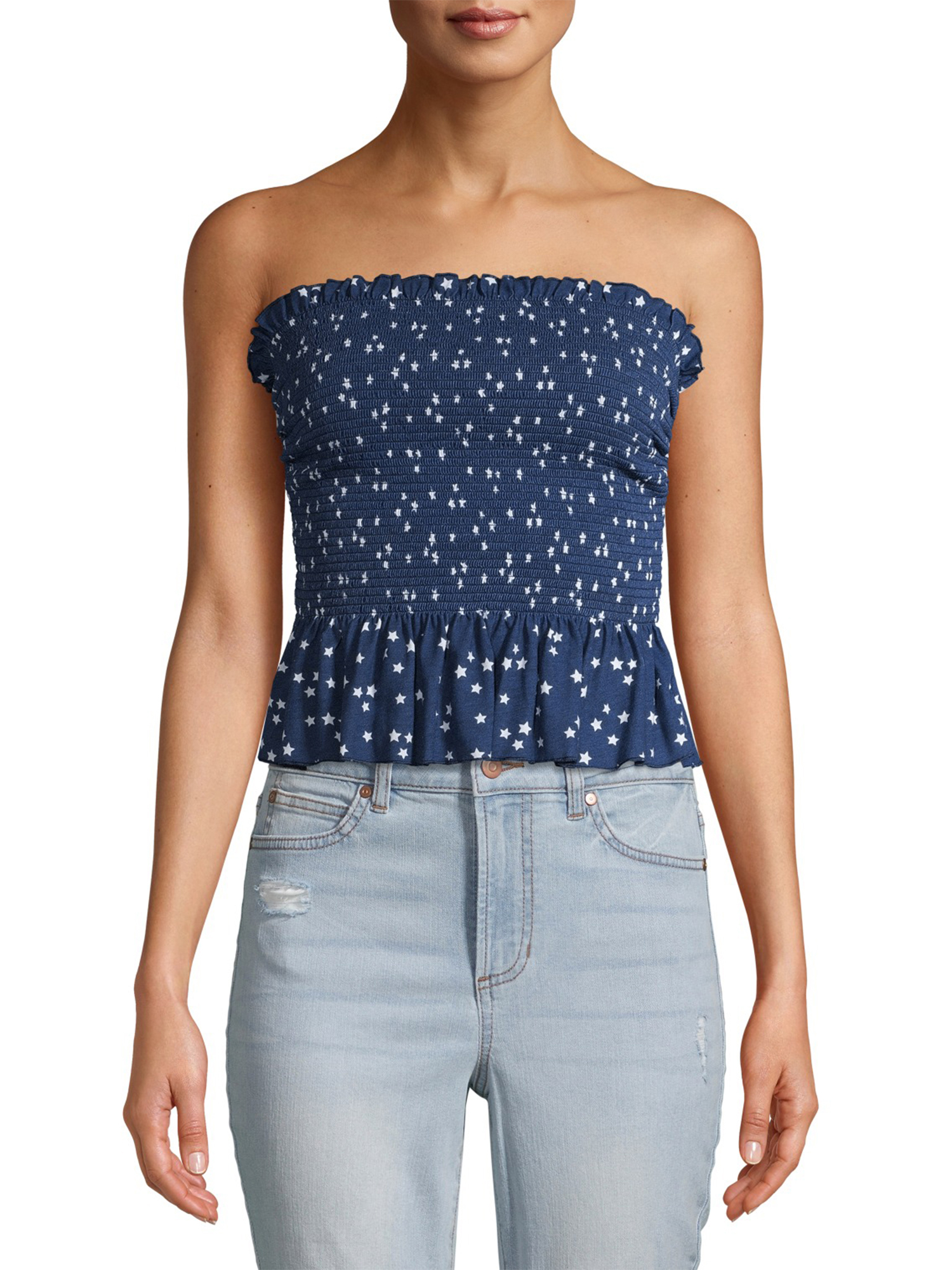 blue smocked tube top