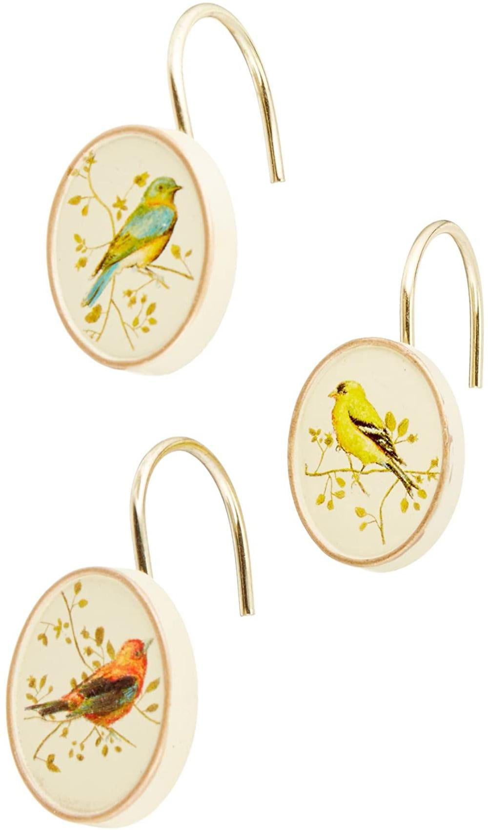 Avanti Gilded Birds Ivory Shower Curtain Rings Hooks for Bathroom Rods Set of 12 