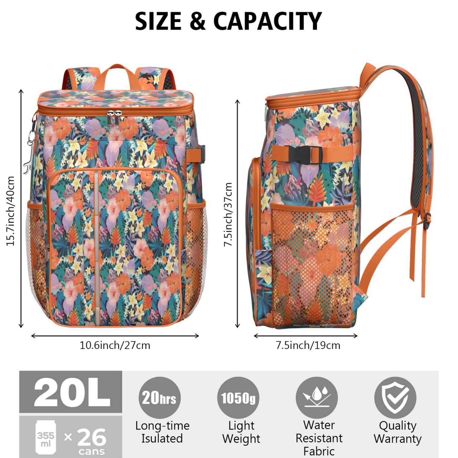 Travel Cooler Bag - Pioneer Flower Floral Print Pattern Camping Beer Cooler Backpack with Bottle Opener- Waterproof Insulated Picnic Backpacks - Cooler Bag for Beach