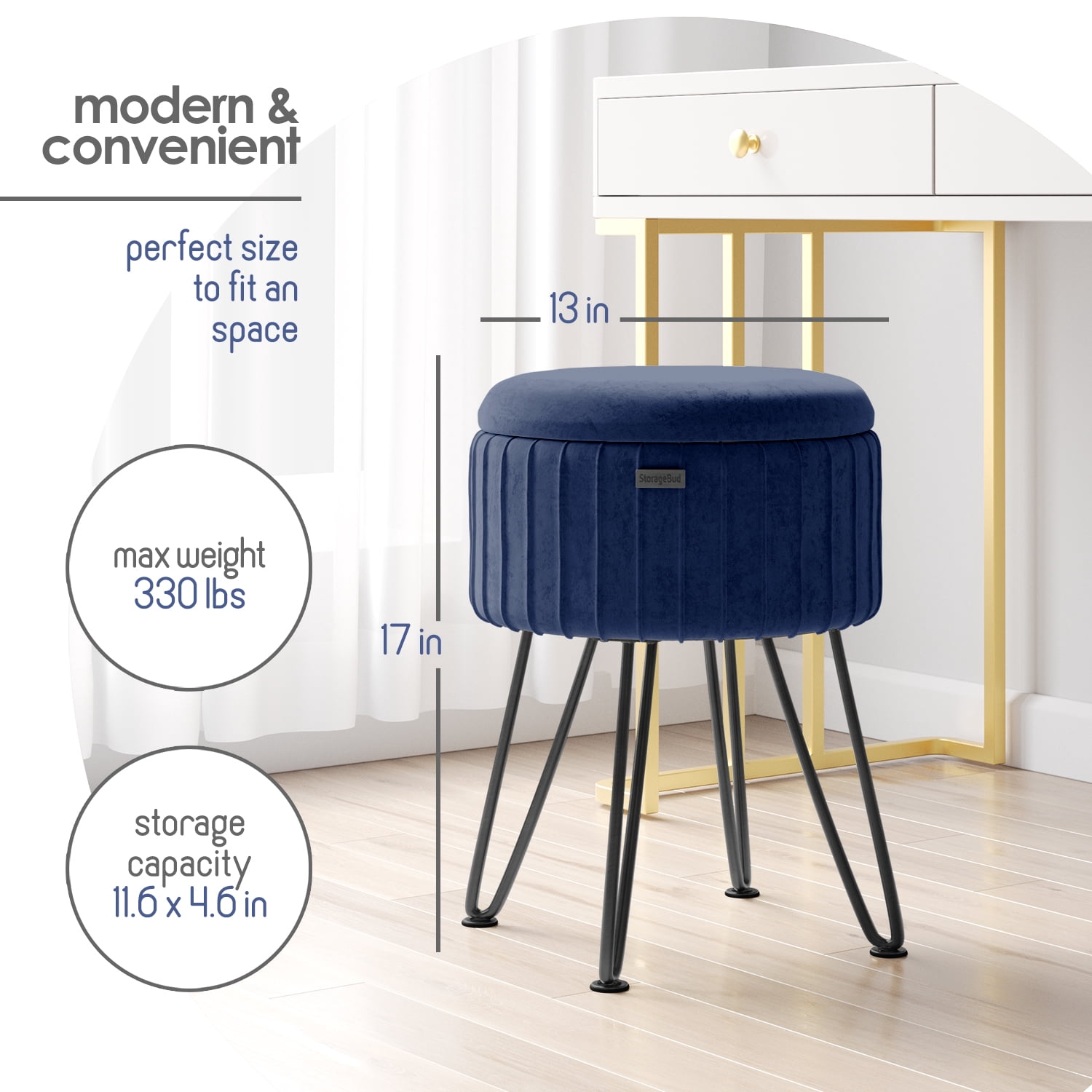Hearth & Harbor Round Ottoman with Storage, Luxurious Foot Stool and Chic Vanity Stool with Storage, Elegant Pleated Velvet Blue