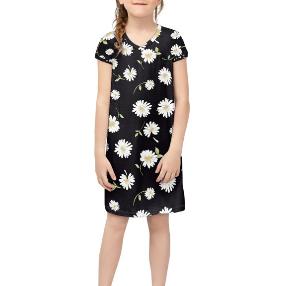 Xoenoiee Girl's Trendy Daisy Flower Print Casual Tee Dress Short Sleeve V-neck Kids T Shirt Dress, Black, Size 13-14 Years