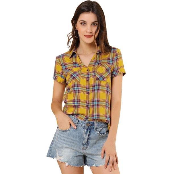 CamiDe Cuadros Estilo Western De Algodón Clásico Con Botones PaMujer Amarillo M