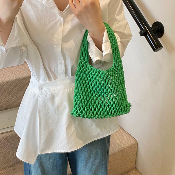 ZenCart Hand-Woven Wrist Tote Bag Cotton Rope Braided Hollow Out Handbag Ladies Portable Wristlet Handbag for Travel Beach Shopping