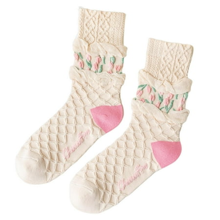

Yesbay 1 Pair Mid Tube Socks Knitting Soft Breathable Ankle-protection Color Matching Cold-proof Preppy Style Tulip Print Elastic Winter Socks Autumn Socks