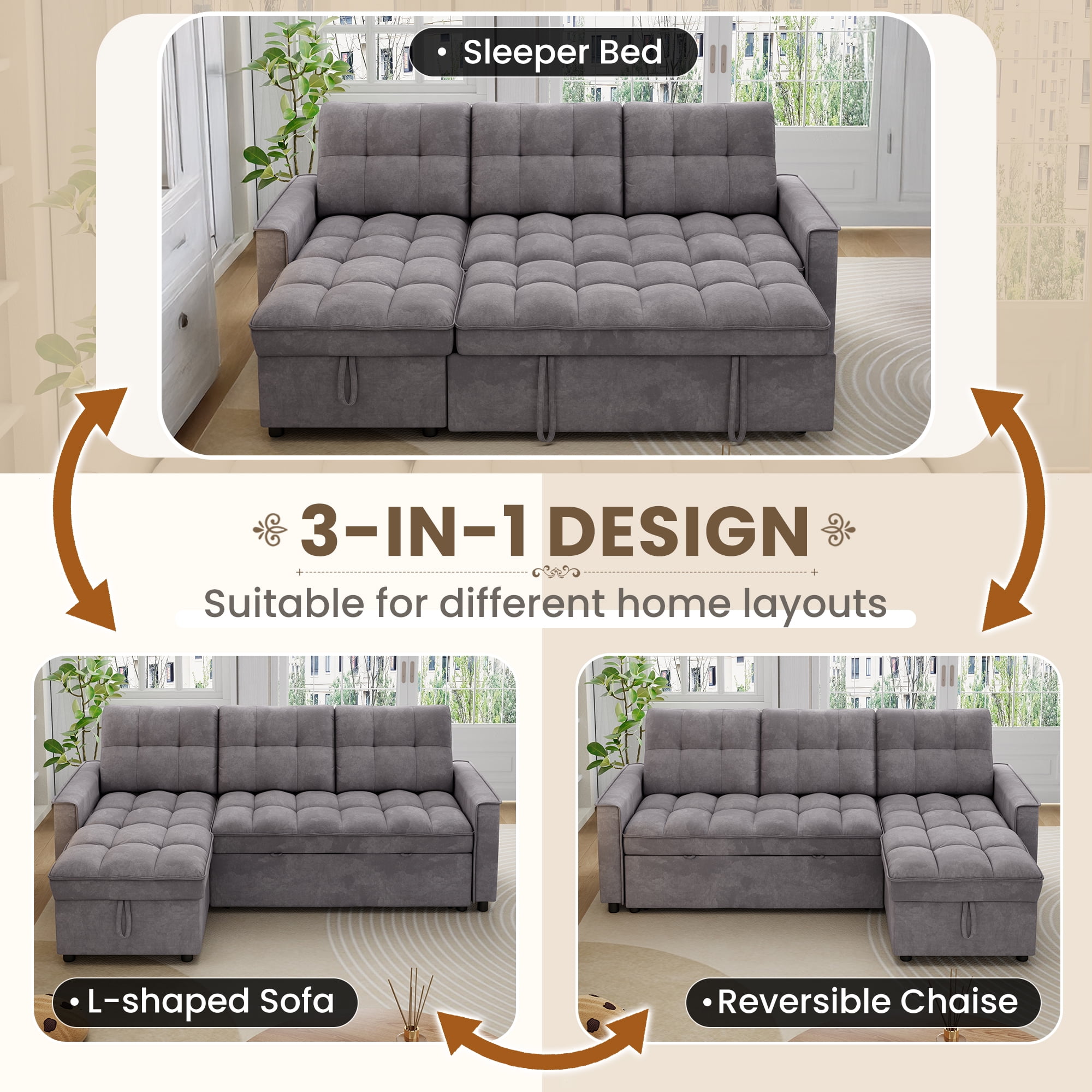 Muumblus Convertible Sofa Bed, Sectional Sleeper Sofa with Storage Chaise, L-Shaped Couch for Living Room, Dark Gray Chenille