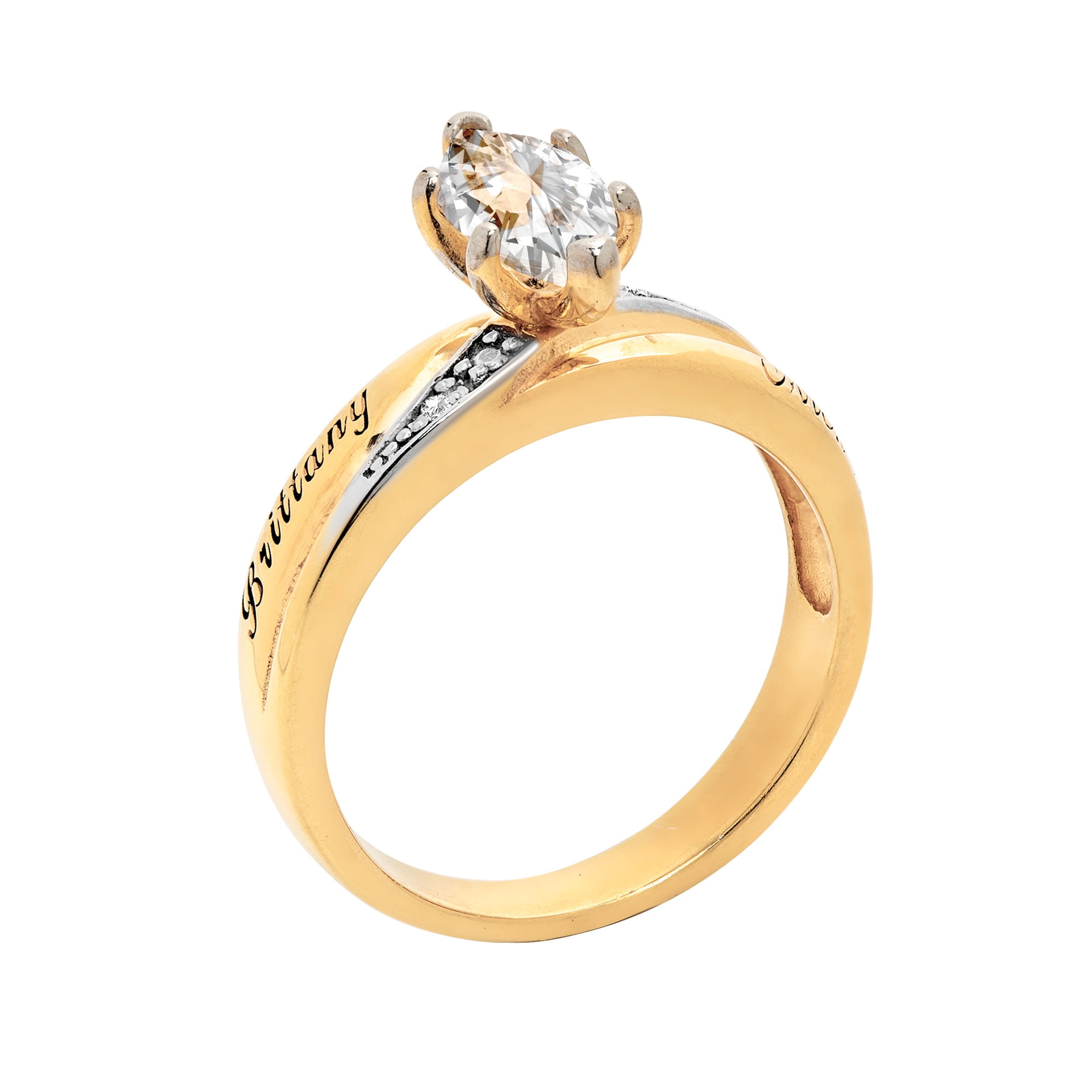 Vow & Forever Personalized Planet Bridal 14K Gold over Sterling Silver Marquise White Topaz and Diamond Name Wedding Ring ,Women's