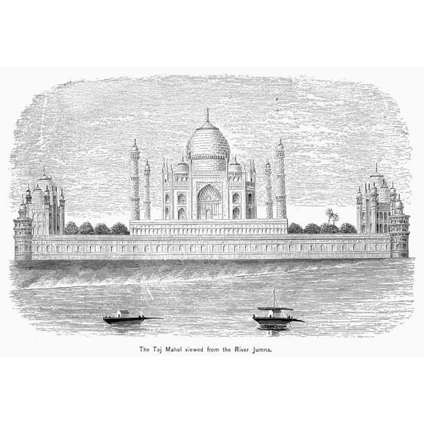 Inde: Taj Mahal. /Nview Of The Taj Mahal In Agra, Inde, From The Yamuna River. Gravure sur Bois, XIXe Siècle. Affiche Imprimée par (18 x 24)