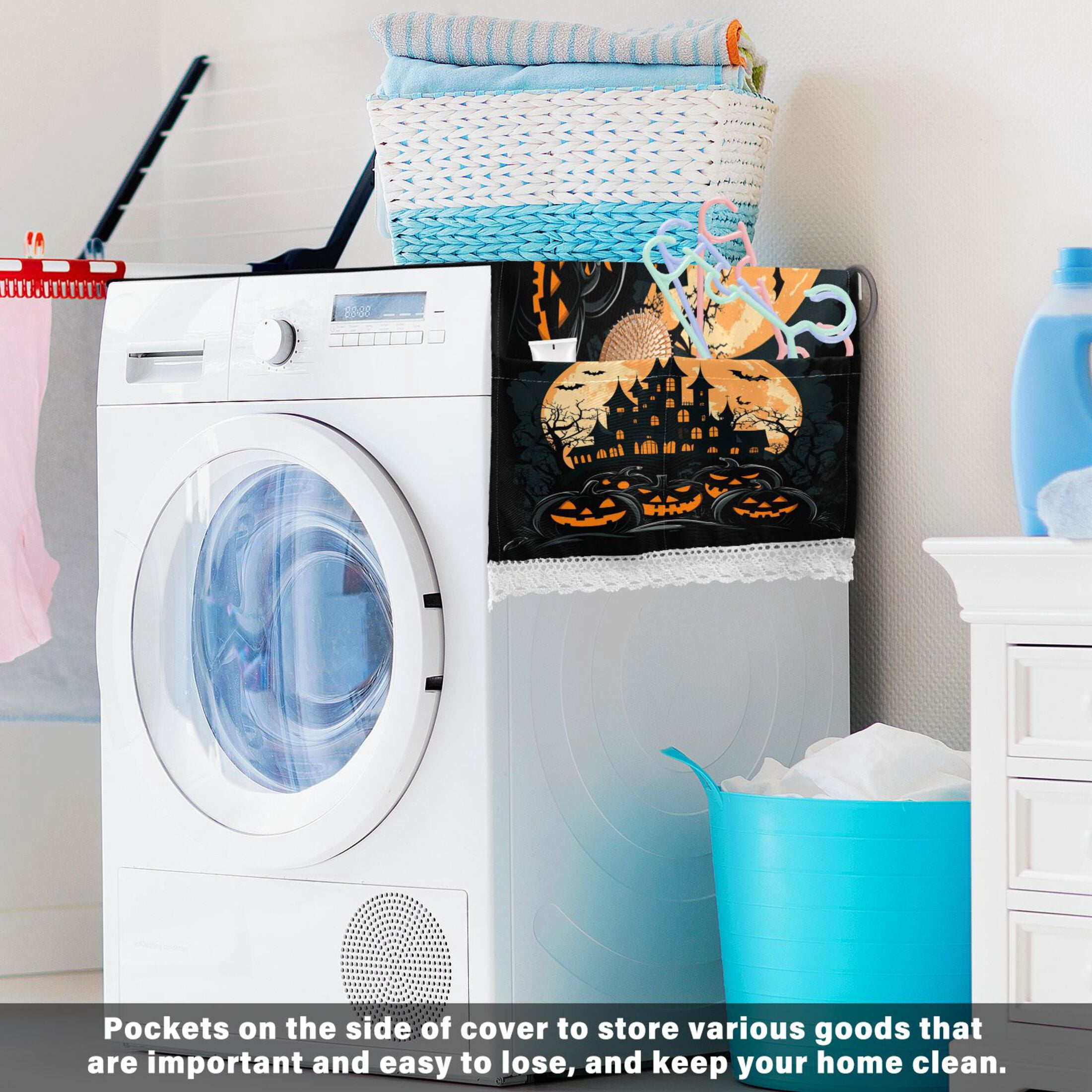 Ghost PumpkinWasher and Dryer Covers Dust-Proof and Oil Resistant Fridge Cover with 4 Storage Pockets Washing Machine Top Cover for Laundry Kitchen Home 51.2 x 22 In