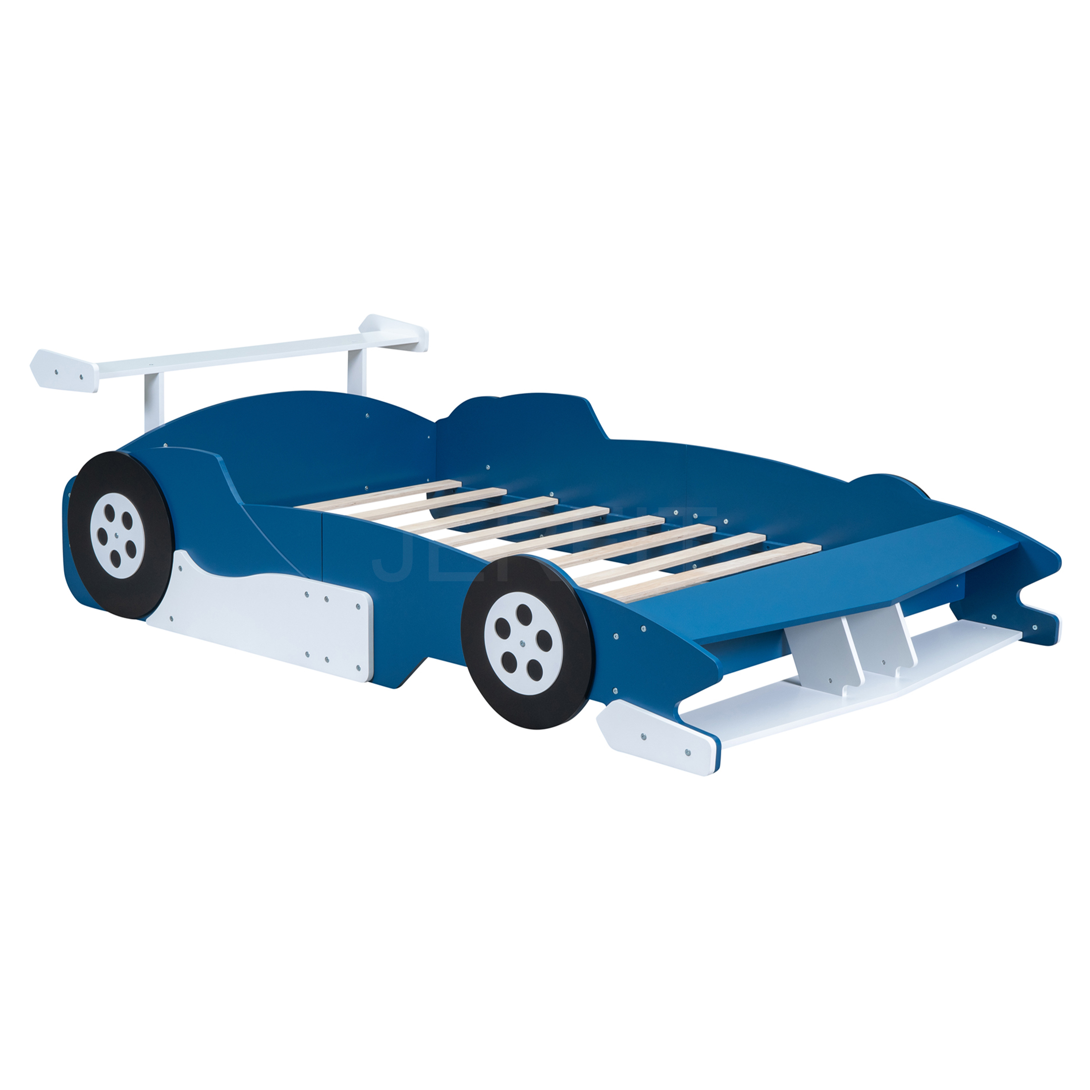 JERFIT Full Size Race Car Platform Bed with Wheels, Blue, Sturdy Plywood Frame for Modern Bedrooms