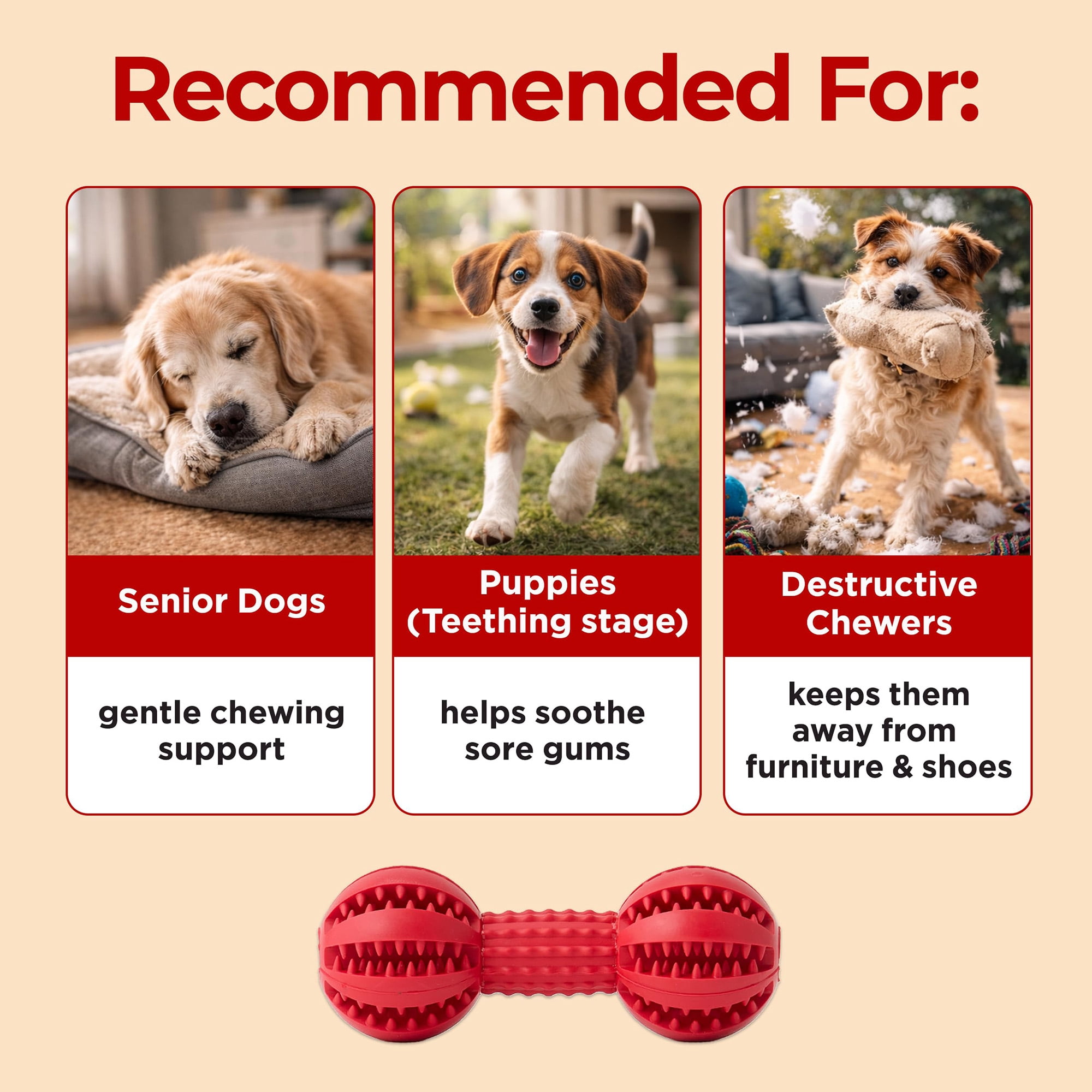 Durable Dog Chew Toy for Aggressive Chewers, Dental Cleaning Toy for Small Medium Dogs, Plaque Tartar Remover, Interactive Teeth Cleaning Chew Toy to Keep Dogs Busy, Red