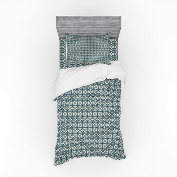 Vintage Duvet Cover Set, Old Motifs with Star Shaped Flowers with Diamond Design on Crosse Geometry, Bedding Set with Shams and Fitted Sheet, 3 Sizes, by Ambesonne