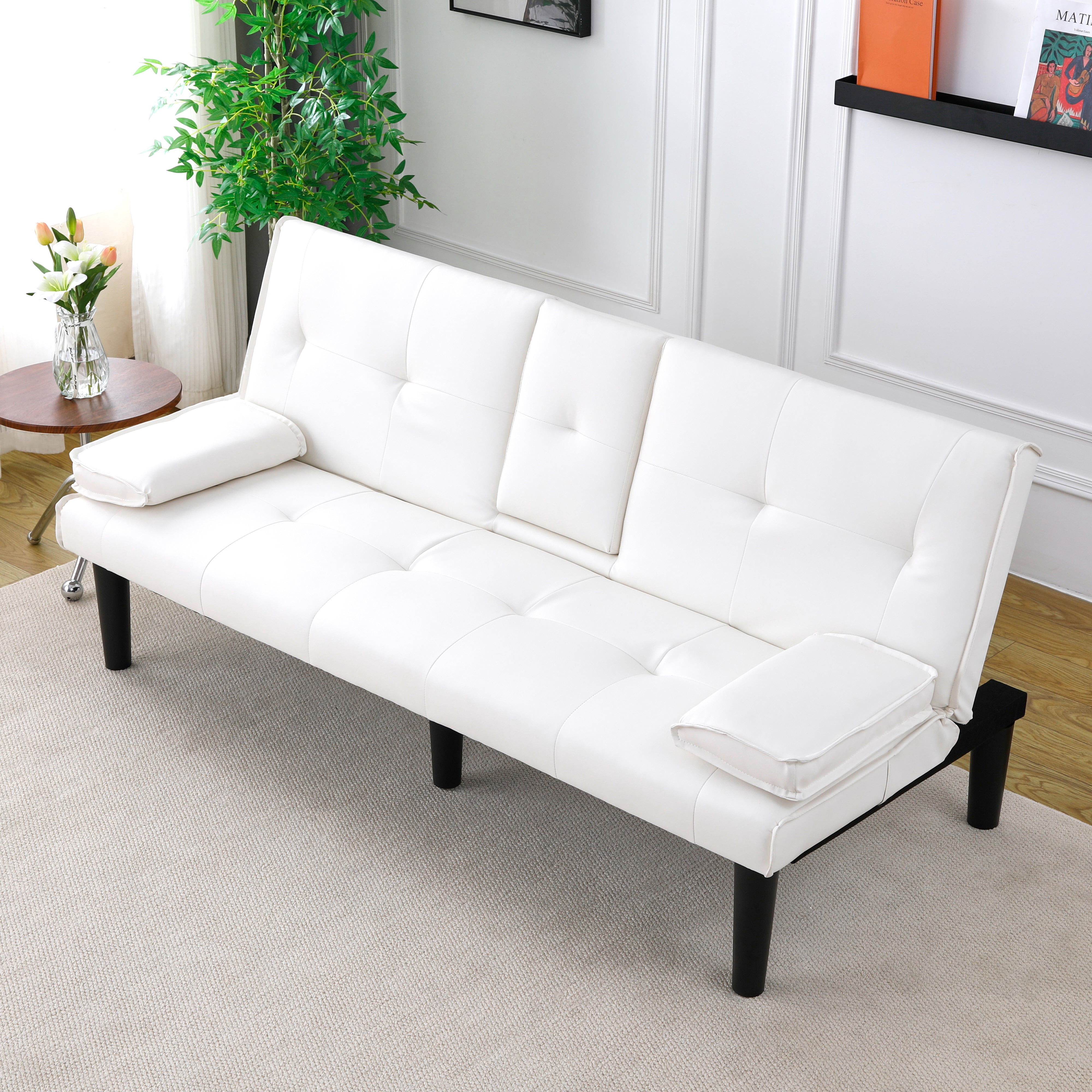 BSHTI 67-inch Foldable Futon Sleeper with S-Spring Support, 2-Seater Convertible Sofa Bed, PVC Faux Leather, Simple Assembly, White