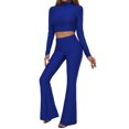 thumbnail image 2 of VISgogo, traje de 2 uds con pantalones para mujer, Tops cortos de cuello alto de manga larga de Color liso, pantalones acampanados largos de tiro alto, ropa de primavera/otoño para mujer VISgogo  moda, 2 of 9