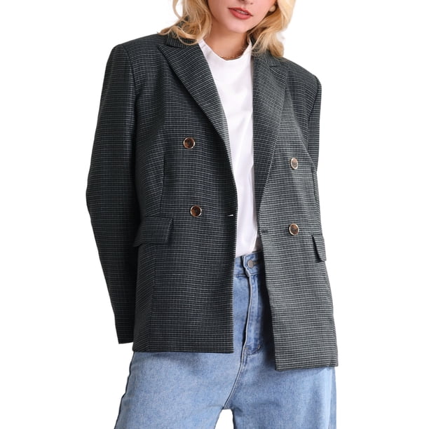 BLAZER DE CUADROS PARA MUJERES INSPIRE CHIC, CON SOLAPA, MANGAS LARGAS Y DOBLE BOTONADURA, TAMA?O S, GRIS OSCURO