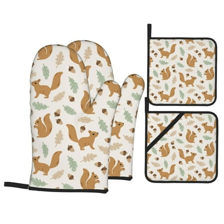 

Oven Mitts and Pot Holders Sets 4 pcs - Clean Cute Cartoon Squirrel Heat Resistant Silicone Oven Gloves with Non-Slip Silicone Surface and hot pads for kitchen Baking Cooking BBQ