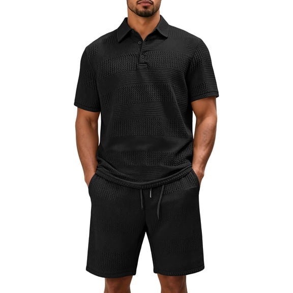 Uwinwear Men's Casual Athletic Tracksuits Sets Textured Jacquard Knit Polo Shirt and Drawstring Shorts Set Casual 2 Piece Summer Outfit,Black,XXL