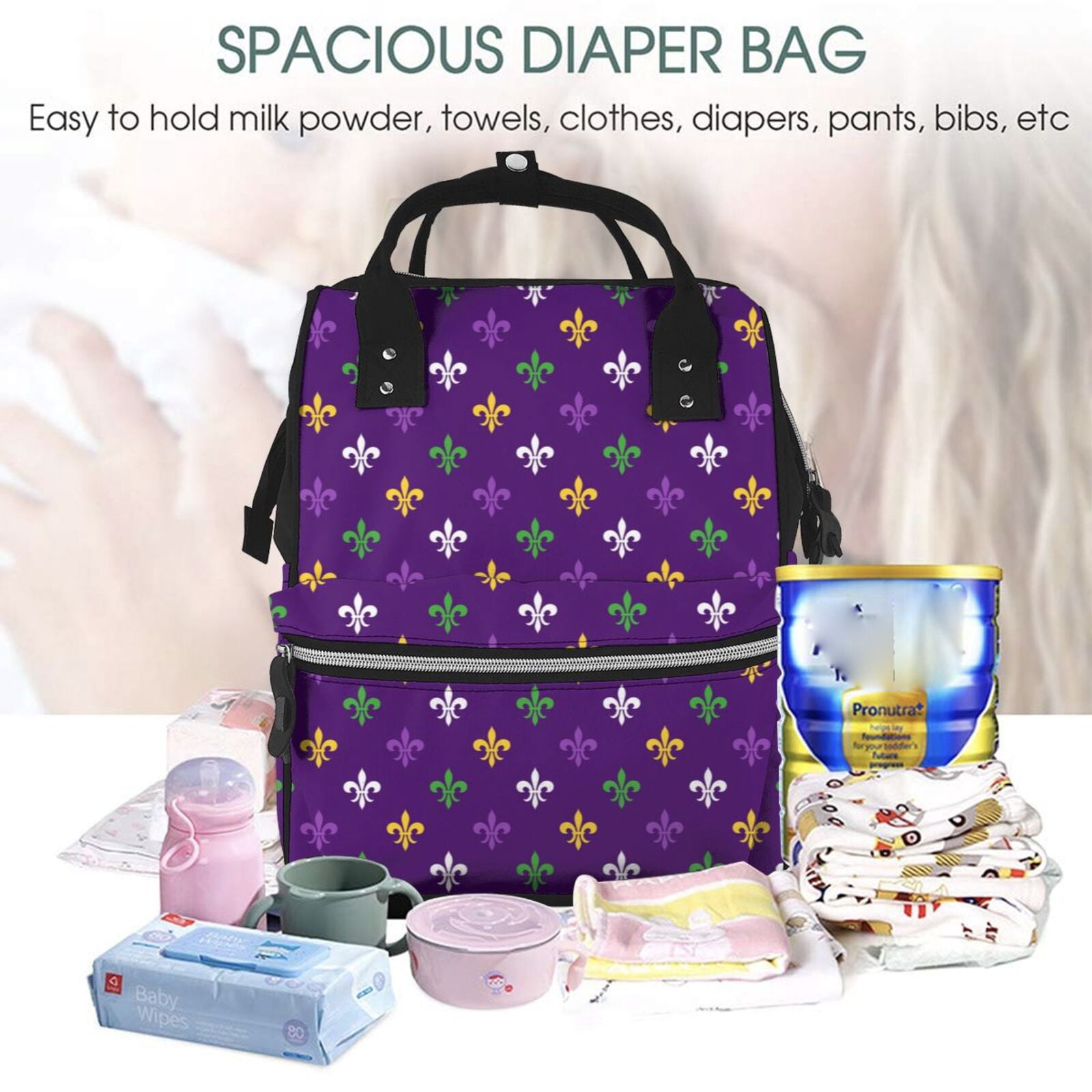 Fuzoiu Purple Mardi Gras Print Diaper Bag Backpack,Baby Essentials Travel Tote,Multi function Waterproof Diaper Bag, Travel Essentials Baby Bag - Unisex