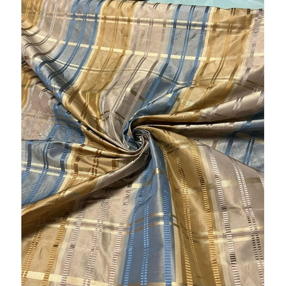 Beautiful ivory yellow and blue stripe, silk shantung fabric, Sold by the yard.