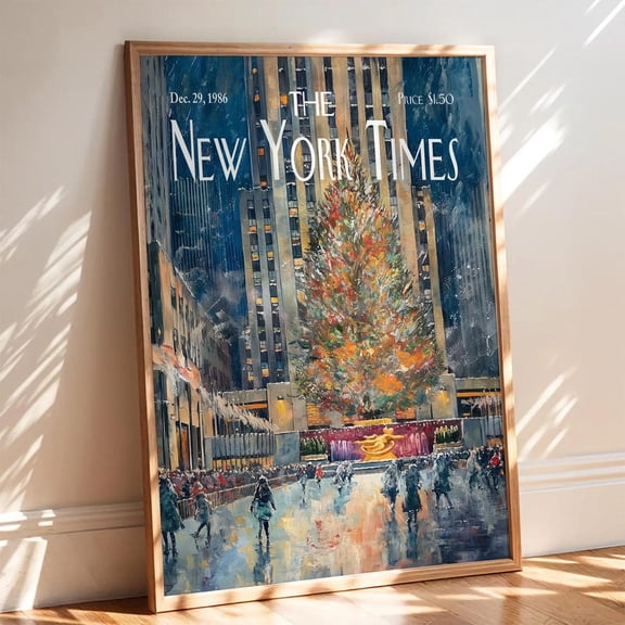 The New York Times Poster, Rockefeller Tree Winter Art, Nycscene Poster, Festive City Wall Decor For Home Or Office, Stretched Canvas Size 8x12
