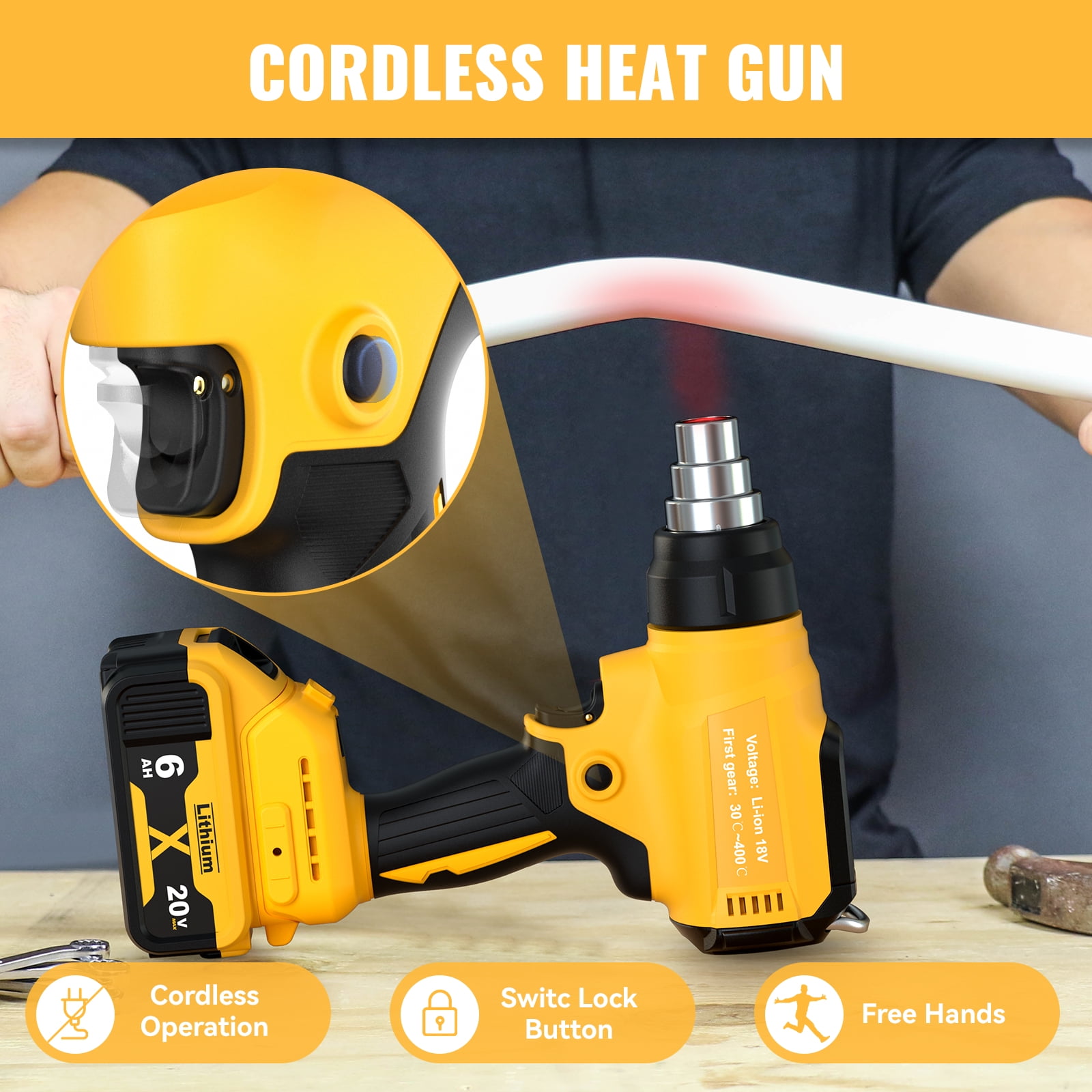 Heat Gun Cordless for Dewalt 20V Battery, 350W,Fast Heating Soldering Hot Air Gun 122℉-1022℉ Variable Temperature Control LED Light, with 4pcs Nozzles&Scraper for Crafts, ,Shrink Wrap(NO battery）